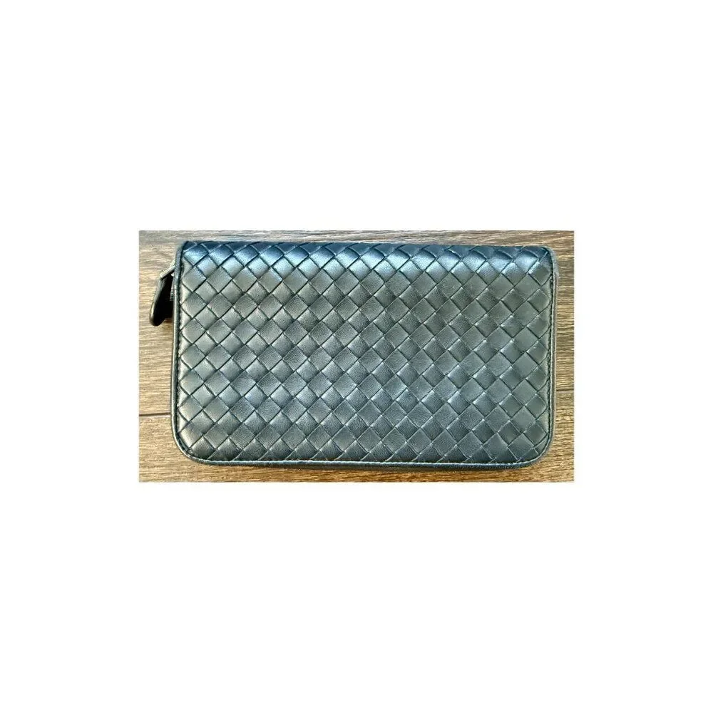 Bottega Veneta Intrecciato Woven Leather Zip Around Clutch Wallet Black Authenti